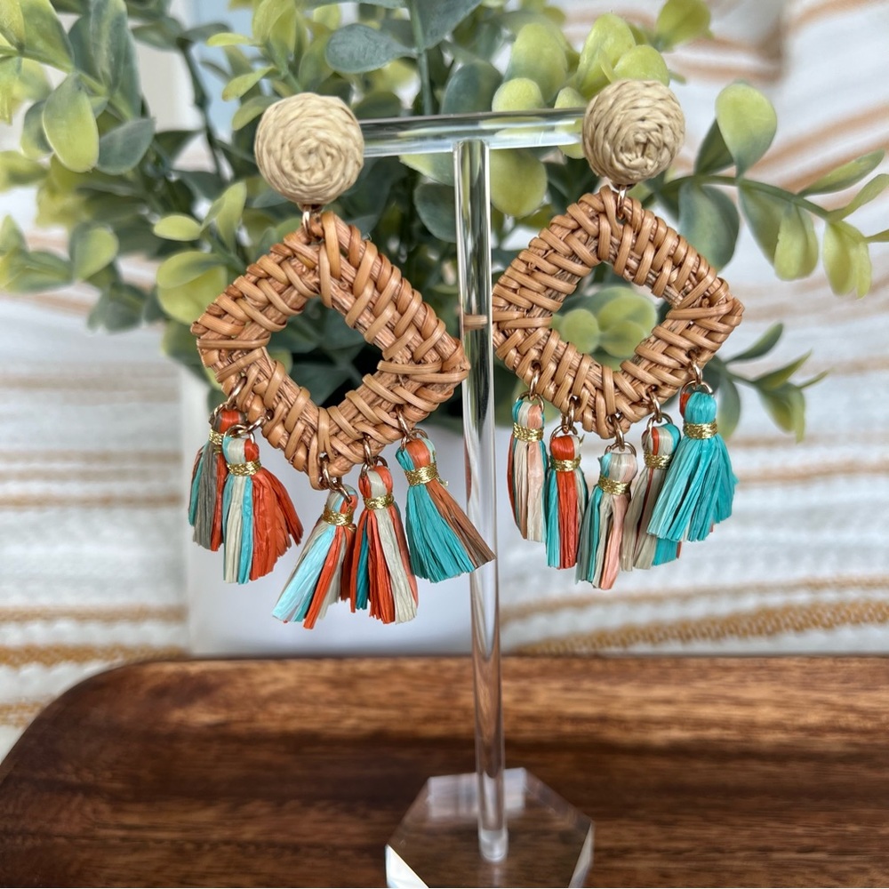 Diamond Braided‎ Rattan Raffia Tassel Earring - Picture 3 of 7